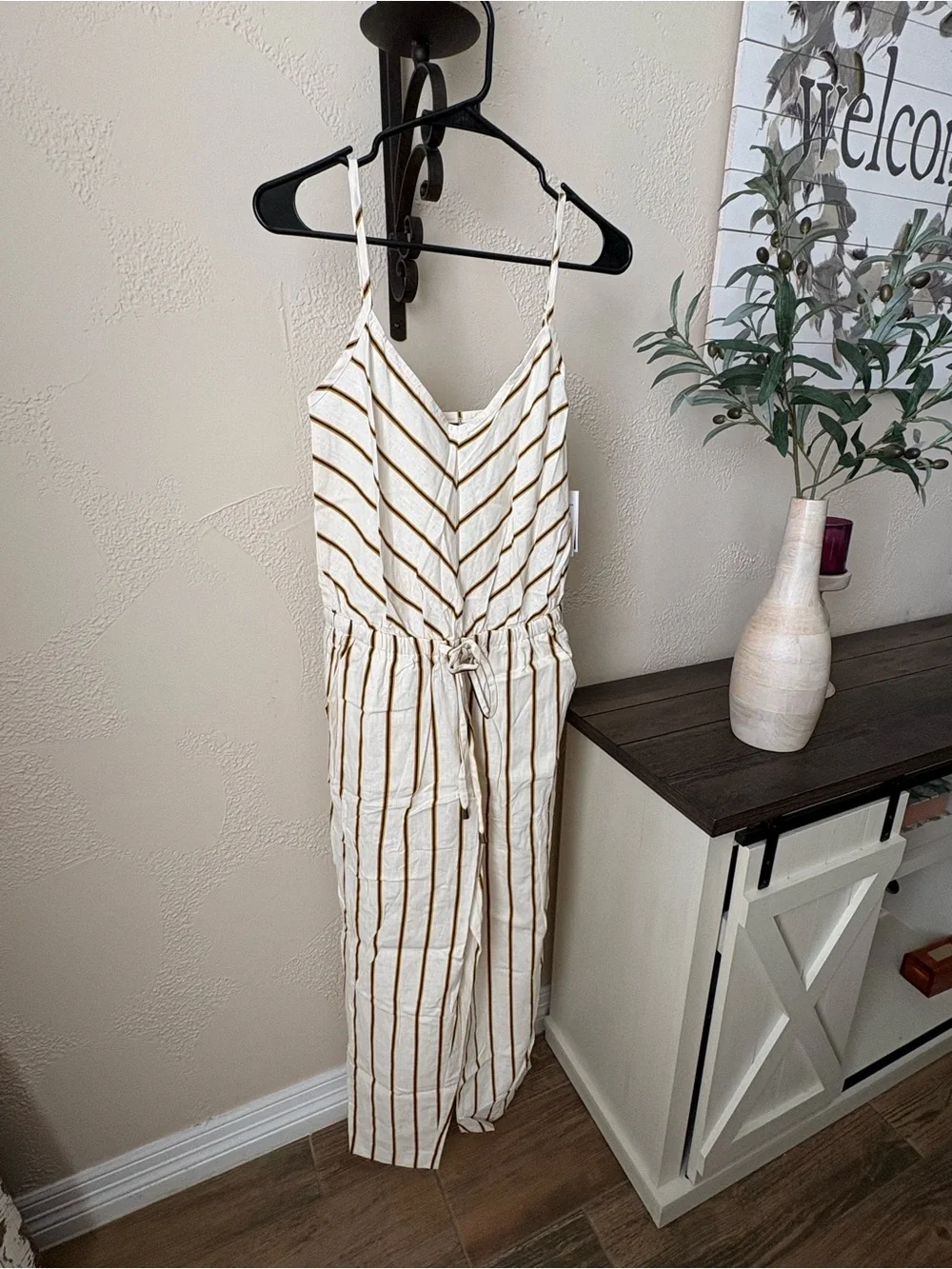 ECI Cream and Brown Striped Spaghetti-Strap Jumpsuit